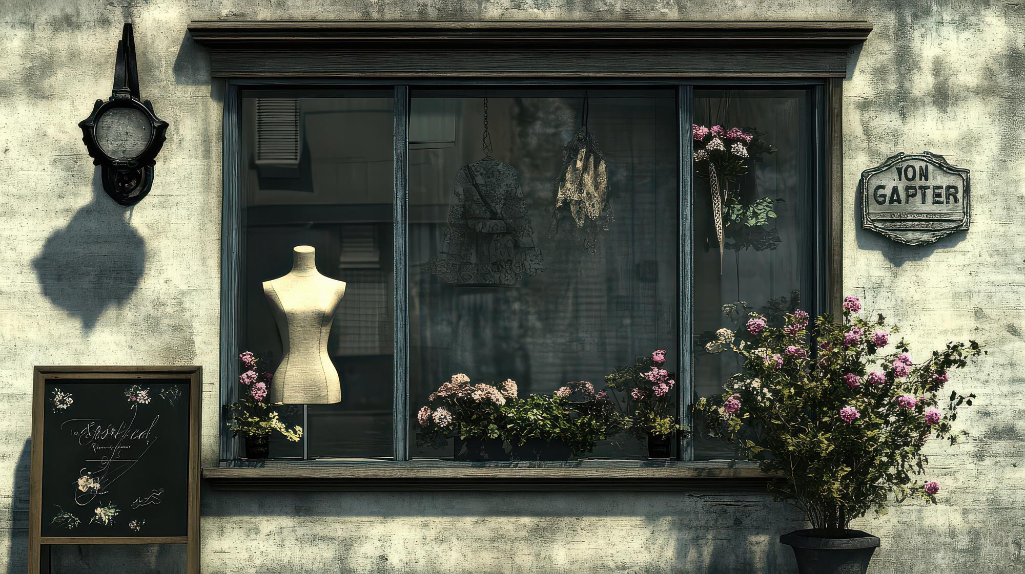 Exterior of embroidery studio with sign