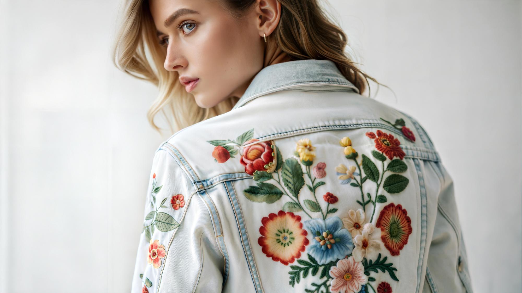 Large editorial shot of embroidered jacket sleeve