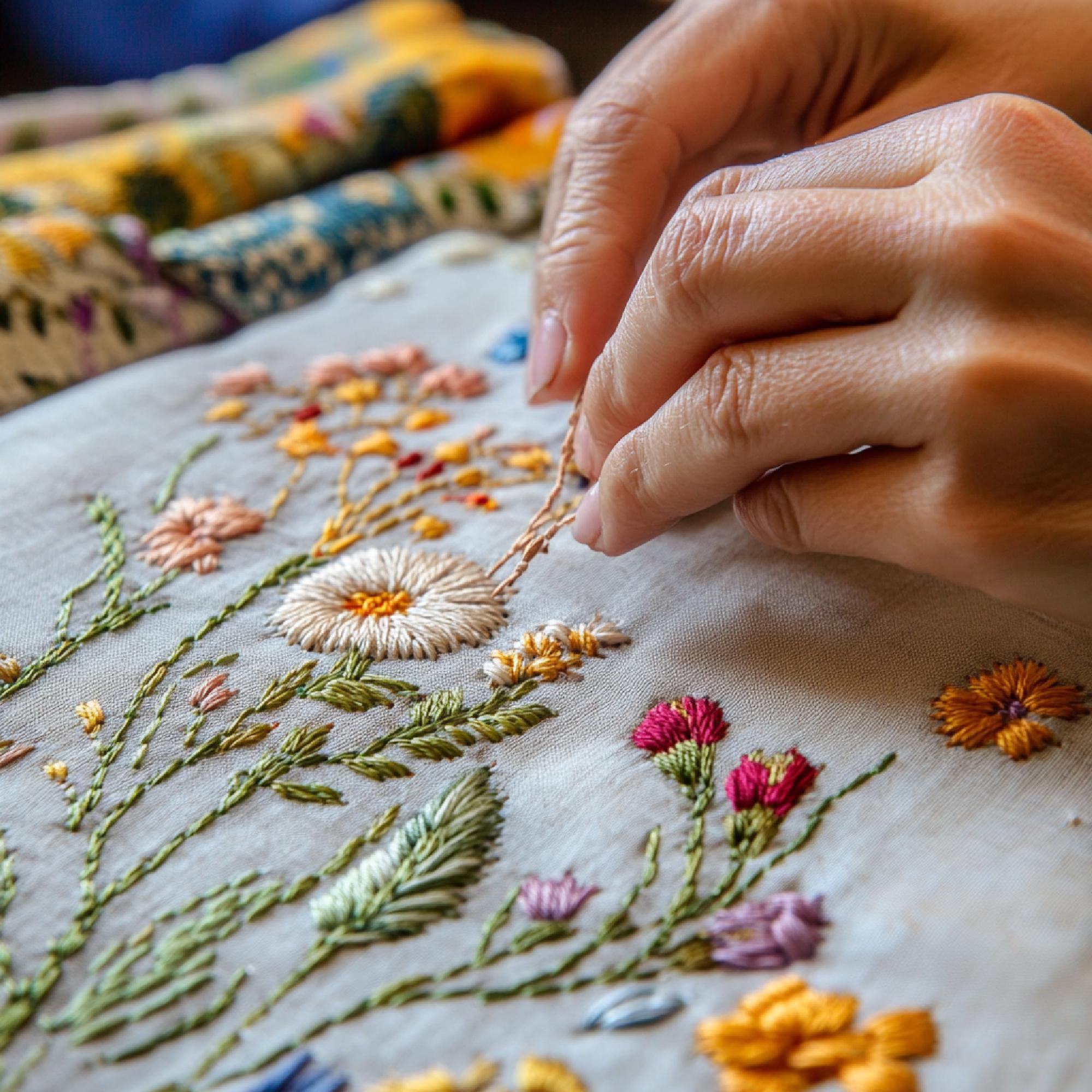 Workshop hands embroidering detailed floral pattern